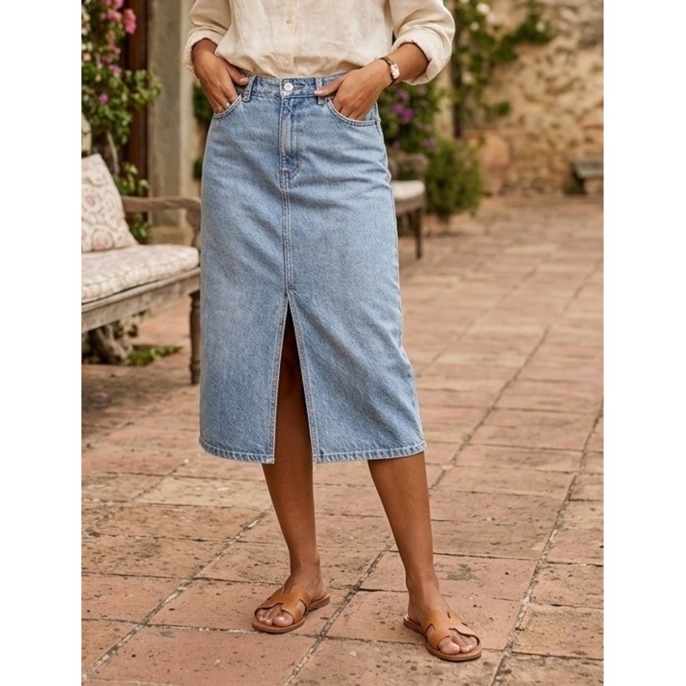 Vintage GAP Denim Midi Skirt Size 6 Short Rivet Cotton 90s Classic Retro Slit